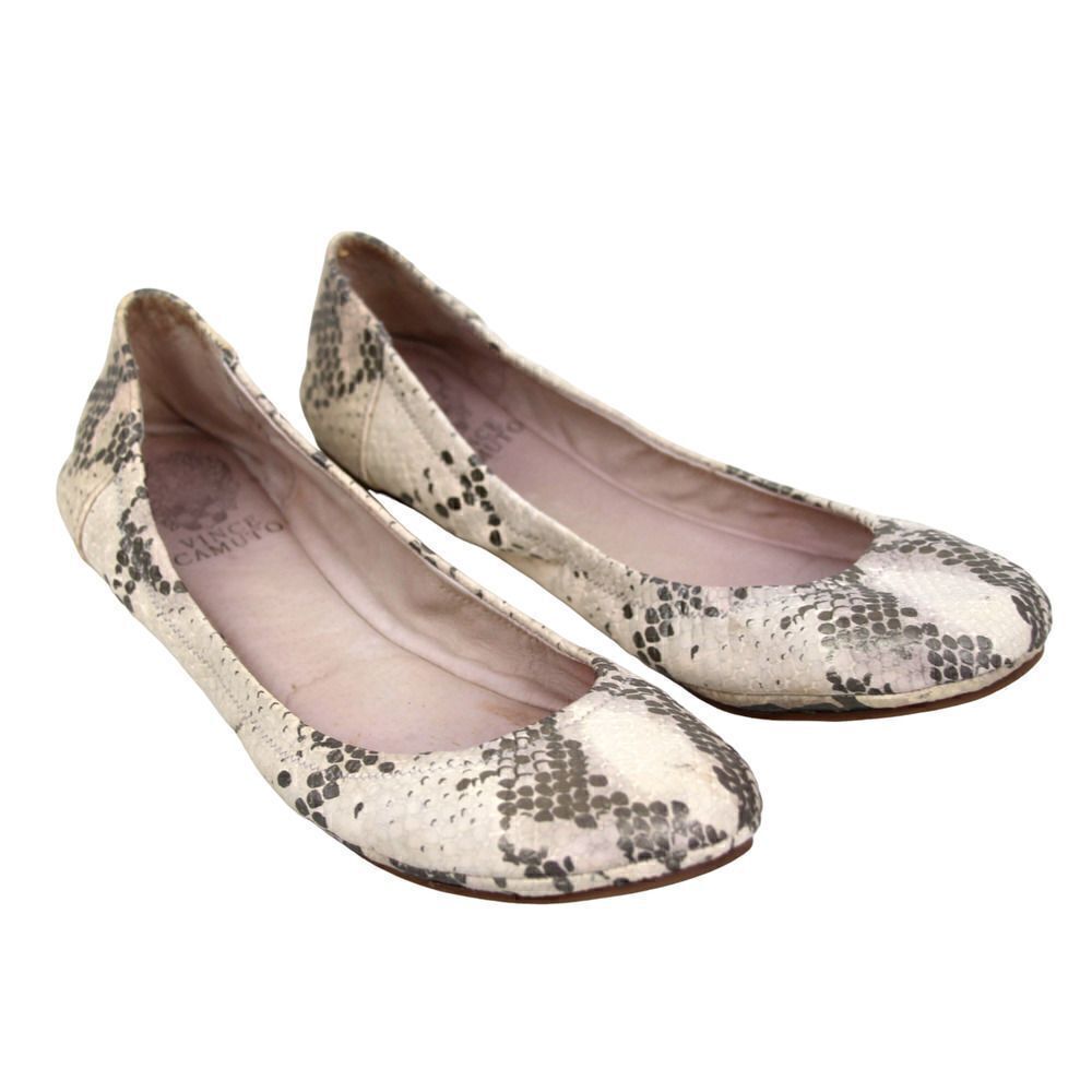 VINCE CAMUTO BEIGE GRAY SNAKE PRINT GENUINE LEATHER FLAT BALLET SHOES SZ 7.5M
